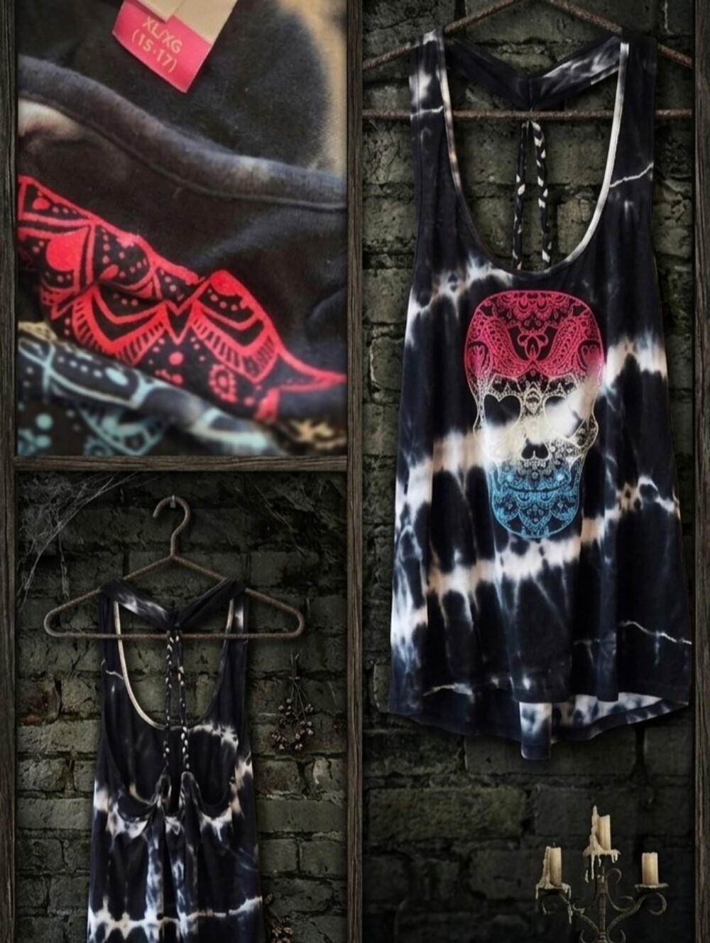 Tie-Dye Skull Print Tank Top - Black with Red & Blue